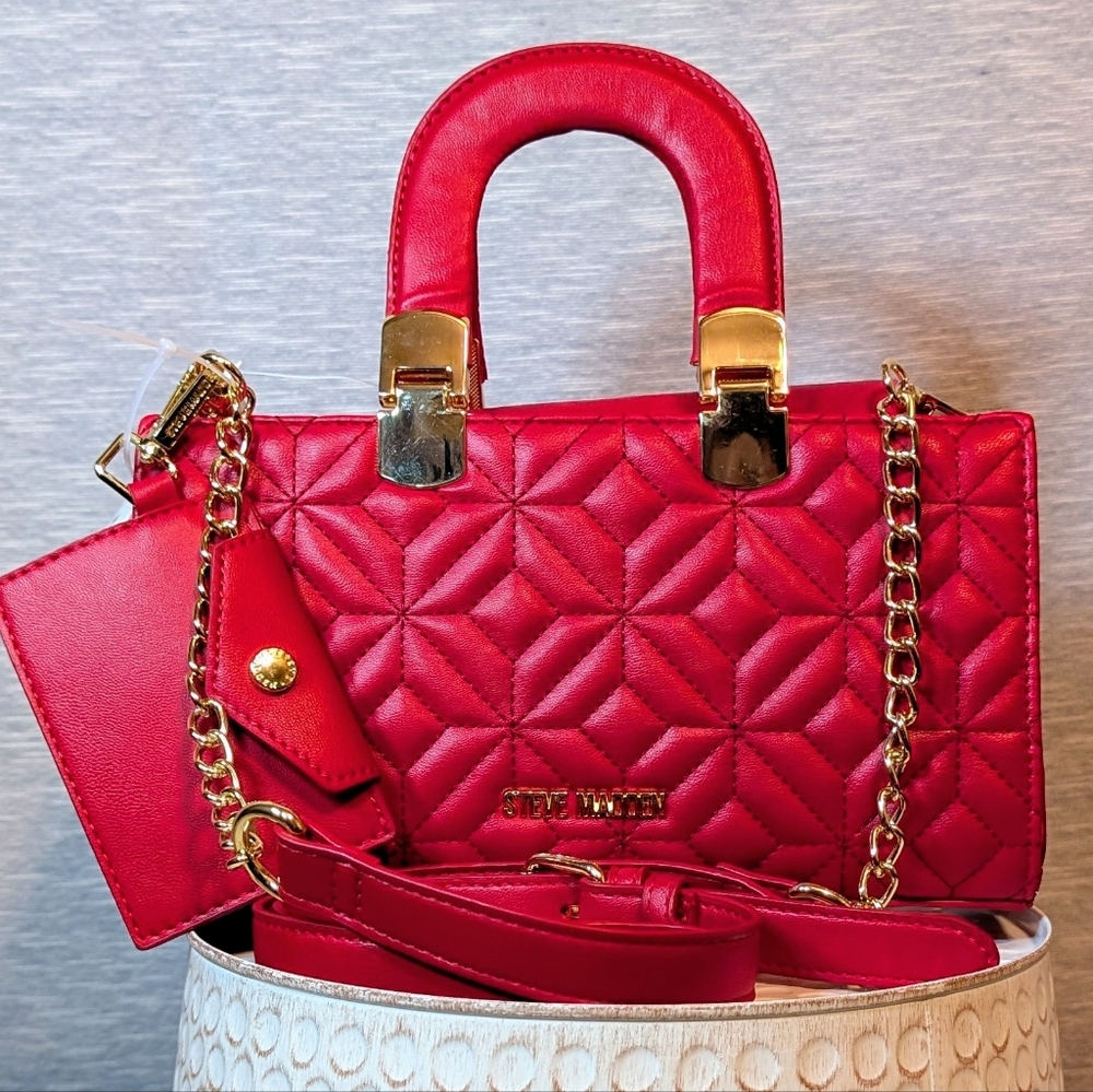NWT Steve Madden Red Quilted Satchel with Gold Accents